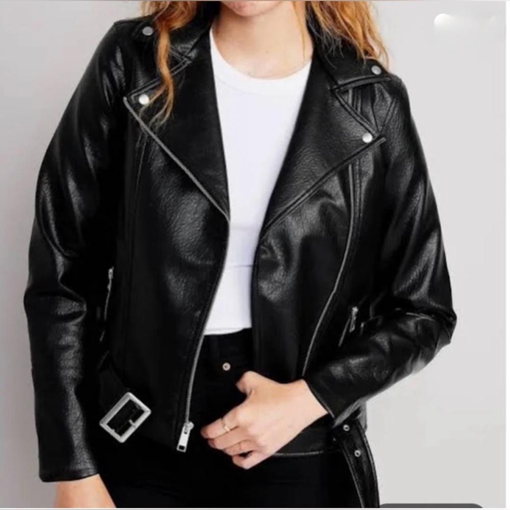 NWT Old Navy Faux Leather‎ Black Belted BikerJacket - Size XS